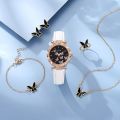 6pcs Luxury Watch Women Ring Necklace Earrings Bracelet Set Watches Butterfly Leather Strap No Box. 