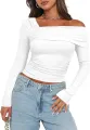 Yfashion Women's Casual Tops One Off Shoulder Long Sleeve Top Ruched Slim Fit Shirt Crop Top Fashion Trendy Tee Shirt. 