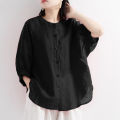 bellylady Summer Lantern Sleeve Tops For Girls Students Solid Color Cotton Linen Blouse Round Neck Pullover Shirt. 