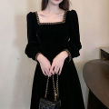 bellylady Women Cotton French Velvet Dress Retro Square Collar Puff Sleeves Simple Solid Color Large Swing Long Sleeves Dress. 