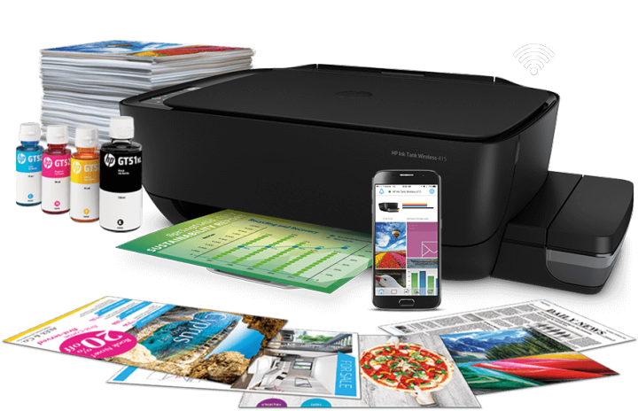 HP Ink Tank 415 WiFi Colour Printer, High Capacity Tank 6000 Black and 8000 Colour,Low Cost per Page (10p for B/W and 20p for Colour), Borderless Print