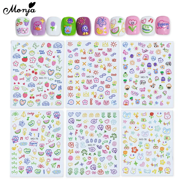 Monja 6 Styles 5D Relief Cute Dopamine Nails Art Stickers Cartoon Doll Fruit Self Adhesive Wraps Decals Manicure Decoration Tool