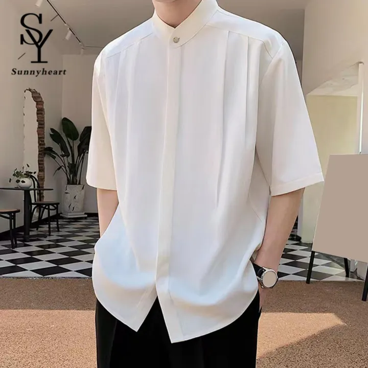 Sunnyheart%20Men%20Solid%20Color%20Shirt%20Men's%20Summer%20Stand%20Collar%20Ice%20Silk%20Shirt%20Casual%20Business%20Top%20for%20Men%20Lightweight%20Half%20Sleeves%20Cardigan%20for%20Office%20Wear%20Lightweight%20Men%20Top%20-%20Image%203