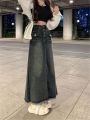 Retro Gray Maxi Long Denim Skirt Women Y2k Tassel Buttoned Bleached Blue Jeans Skirt Oversize Vintage High Waist Acubi Fashion. 