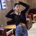 Spring and Summer New Hollow Sweater v Collar Short Loose Women's Long Sleeve Net Hole Top Drawstring Blouse Thin Sweater Women. 