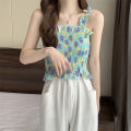 bellylady Women Cotton Ruffled Tank Top Summer Sweet Floral Printing Slim Fit Vest Trendy Casual Backless Sleeveless Tops. 
