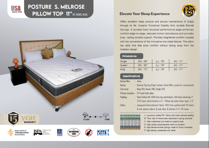 King Koil Posture Saver Melrose Pillow Top 11" - King Size Spring Mattress (72" x 78" x 11")