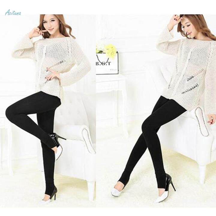 Ladies Fleece Lined Leggings Thick Winter Warm Tights Black Footed