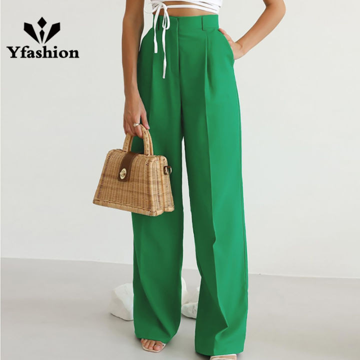 Women Casual Suit Trousers Elegant High Waist Pleated Long Pants Loose Straight Wide Leg Trousers