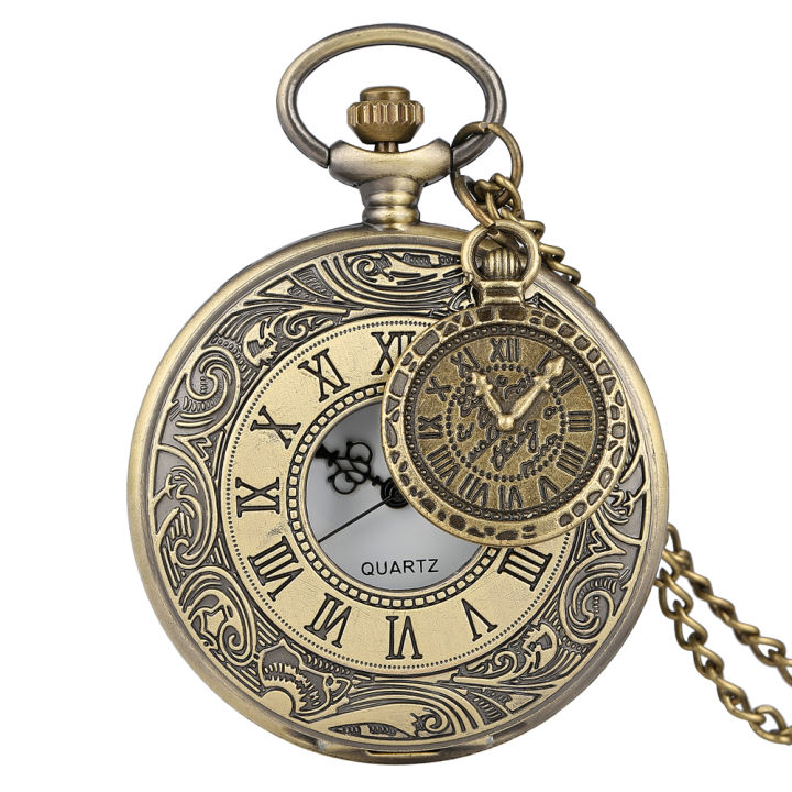 【Unique features】Bronze Cover Pocket Watch Men Half-hollow Clock Women Durable Alloy Chain Pendant Teens bolsillo