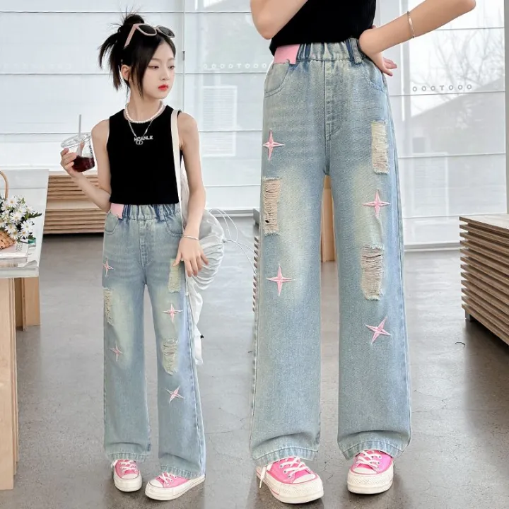 Girls'%20Ripped%20Jeans%202024%20Summer%20New%20Internet%20Celebrity%20Girls'%20Retro%20Loose%20Thin%20Children's%20Narrow%20Wide-Leg%20Pants%20-%20Image%207
