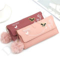 New Fashionable Butterfly Designer Women Girls Ladies Long Wallets Pure Color Wool Ball Bow Clutch Bag Card Bag Money Purse PU Leather Wallets. 