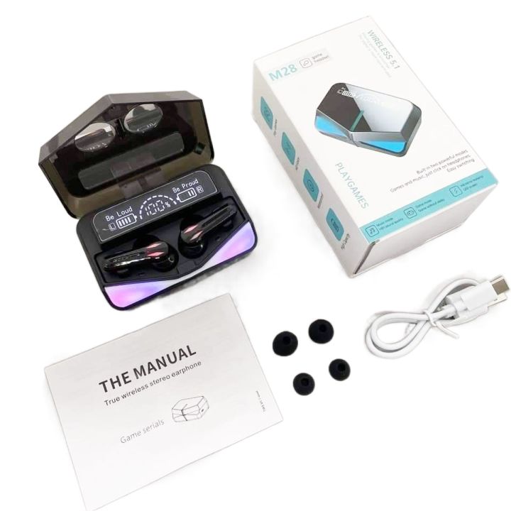 M28 Wireless Earbuds, Sports Gaming Earphones, TWS Touch Control LED Display Wireless Earphone For Games, Sport Headsets with Power Bank, Wireless Bluetooth Colorful Light Earphone