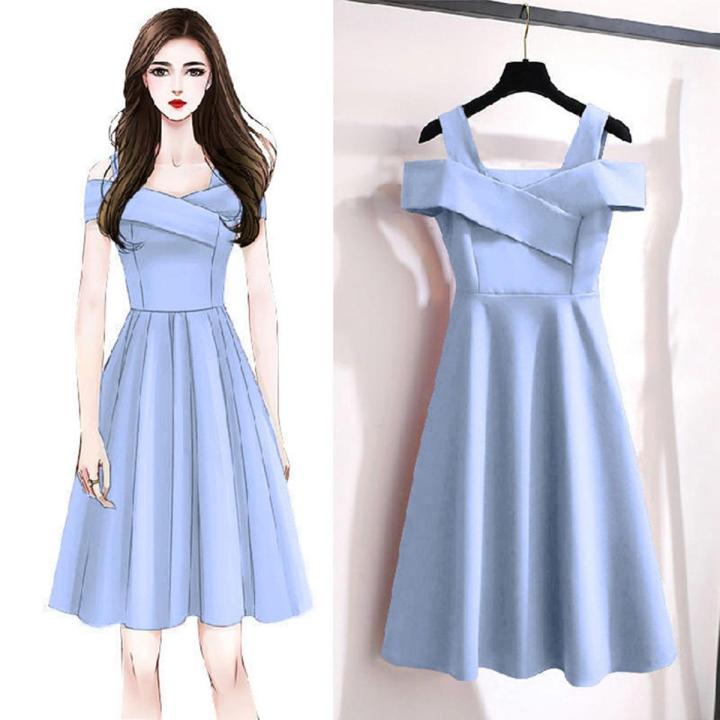 Yfashion Women Cotton Fashion Off-shoulder  Dress Cross Front High Waist Sexy Backless Comfortable Solid Color Pullover A-line di Skirt color:light blue size:M
