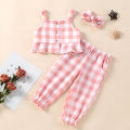 Girls Summer Outfits Sleeveless Plaid Top Pants 2pcs Clothes Set. 
