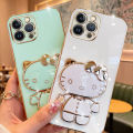 For Samsung Galaxy A05 A04 A04e Back Cover with Cute Cat Makeup Mirror Stand Bracket Luxury 6D Plating Shiny Bling Case Square Edge Soft Silicone Mobile Phone Cases Pouch Girls. 