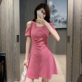 Yfashion Women High Waist Dress Fashion Short Sleeves Waist-in A-line Skirt Sweet Solid Color Short Dress color. 