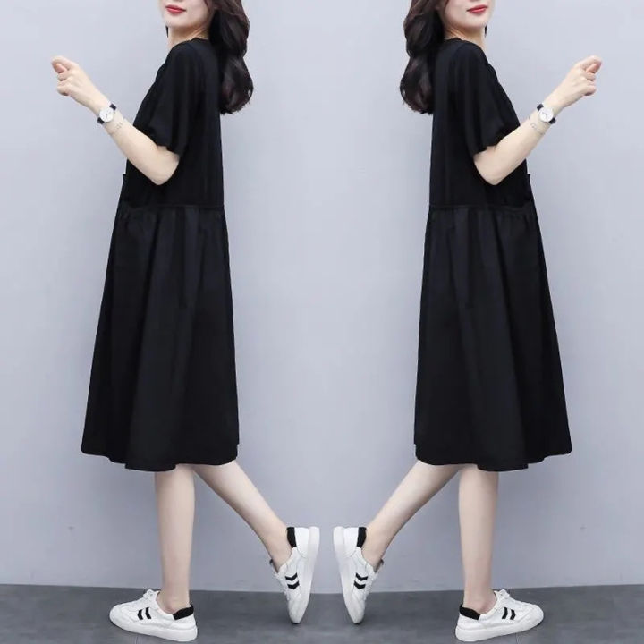 Yfashion%20Women%20Cotton%20Short%20Sleeves%20Dress%20Simple%20Elegant%20Solid%20Color%20Round%20Neck%20A-line%20Skirt%20Loose%20Casual%20Dress%20With%20Pockets%20-%20Image%202