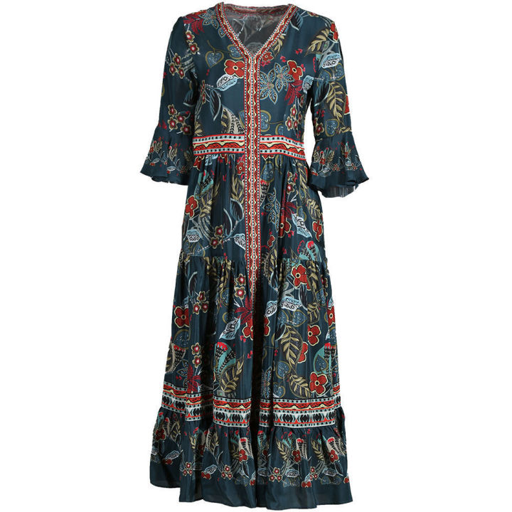 Printed%20Chiffon%20Dress%20All-Matching%20Women%202023%20Summer%20New%20Bell%20Sleeve%20Ethnic%20Style%20Fashion%20High%20Quality%20Large%20Swing%20Skirt%20-%20Image%203