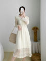 Yfashion French Style Lace Dress For Women Cotton Elegant Long Sleeves V Neck A-line Skirt Solid Color Mid-length Dress. 