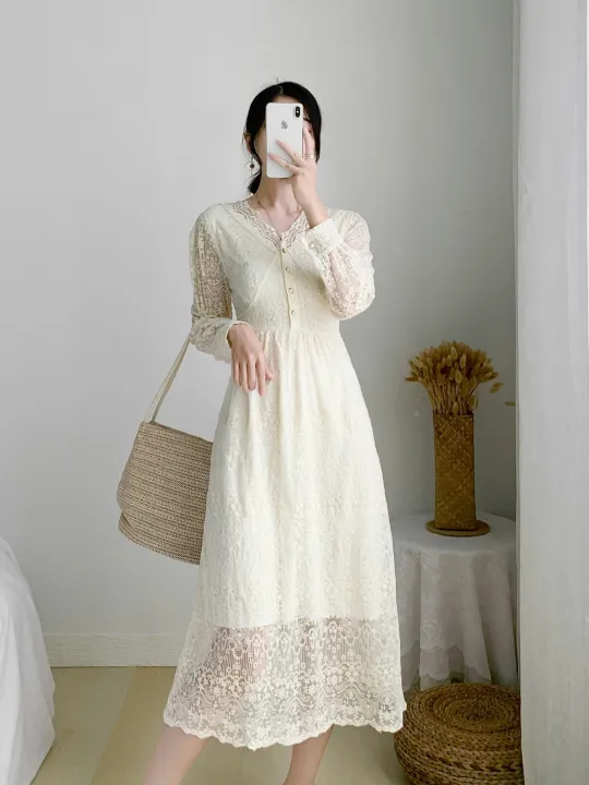 Yfashion%20French%20Style%20Lace%20Dress%20For%20Women%20Cotton%20Elegant%20Long%20Sleeves%20V%20Neck%20A-line%20Skirt%20Solid%20Color%20Mid-length%20Dress%20-%20Image%205