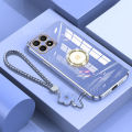For Honor X6 4G / Honor X6A / Honor X5 Back Cover with Lanyard Rhinestone Ring Stand Luxury 6D Plating Square Frame Phone Case Shiny Holder Soft Silicone Protective Cases Pouch Girls. 