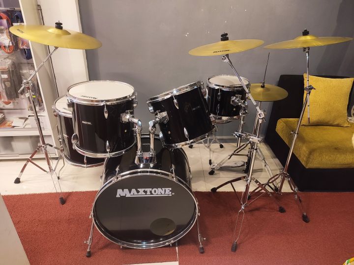 Brand New Maxtone 6 pieces Accoustic Full Drum Set with 3 Cymbal, Hihat - Black Drum kit cymbal