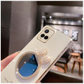 For Vivo Y21 Back Cover + Bowknot Makeup Mirror Fashion Shiny Plating Square Bumper Bling Girls Phone Case Soft TPU Silicone Shockproof Back Cover. 