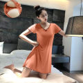 Pajamas Women's Summer One-Piece Short-Sleeved Dress with Chest Pad Mid-Length Student Cute Loungewear Can Be Worn outside. 