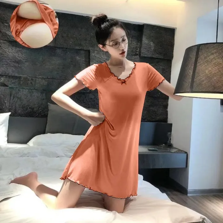 Pajamas%20Women's%20Summer%20One-Piece%20Short-Sleeved%20Dress%20with%20Chest%20Pad%20Mid-Length%20Student%20Cute%20Loungewear%20Can%20Be%20Worn%20outside%20-%20Image%202