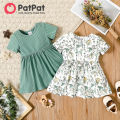 PatPat Baby Girl Clothes All Over Rabbit Print Solid Ribbed Short-sleeve Dress. 
