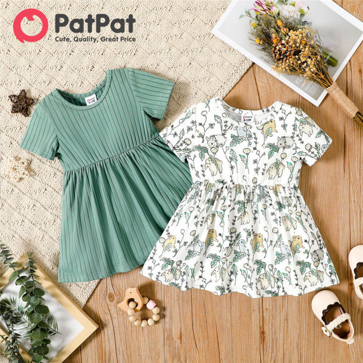 PatPat Baby Girl Clothes All Over Rabbit Print Solid Ribbed Short-sleeve Dress