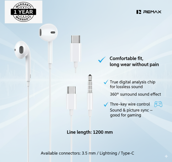 REMAX(1 YEAR WARRANTY) RM-702 Wired Earphone Type-C | Type-3.5mm | Type ...