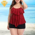 Plus Size Swimsuit Flattering Plus Size Tankini Swimsuit Set with Ruffle Flounce Top Tummy Control Shorts for Beach Vacation Available on Tummy Control Swimwear. 