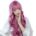 Heat Resistant Cosplay Lolita Wigs Sweet Curly Halloween Party Synthetic Wigs with Bangs Pink Breathable Long Wavy Wig for Women. 