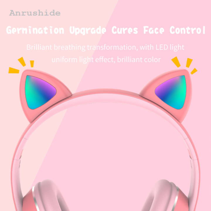Anrushide 2025 New Wireless Headphone Flash Light Cute Cat Bluetooth with Mic 【2025 Version】 Control LED Stereo Music Helmet Phone Bluetooth Headset Gift