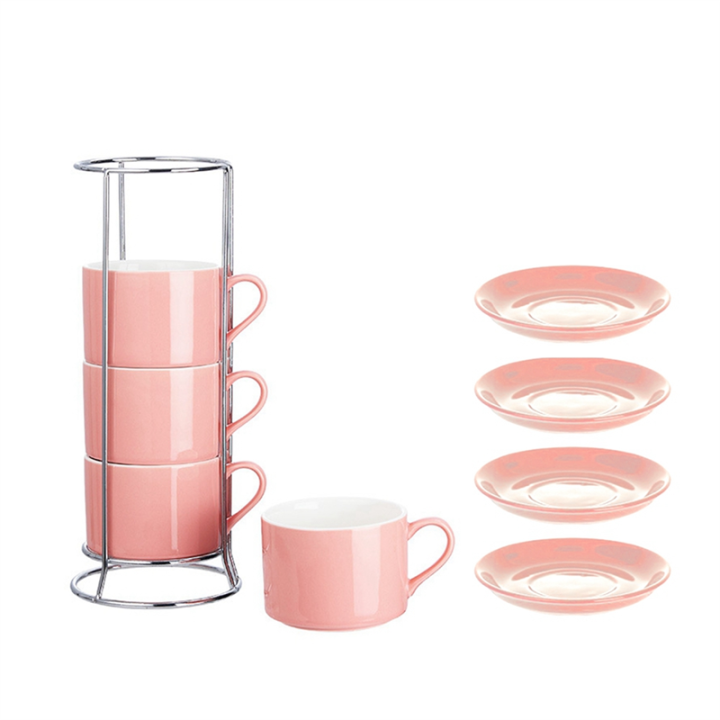 Porcelain Stackable Cappuccino Cups with Saucers and Metal Stand ...