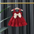 Summer Red Bow Baby Girl Princess Dress Ruffle Solid Color Infant Sling Dress Christmas Wedding Party Girls Children'S Clothing (0-3 Years). 