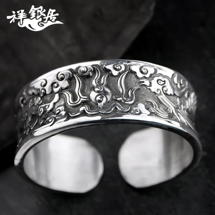 S999%20Pure%20Silver%20Handmade%20Men's%20Retro%20Wide%20Face%20Personality%20Fashion%20Silver%20Bracelet%20%20%20Glossy%20Concave%20Carved%20Sterling%20Silver%20Bracelet%20-%20Image%203