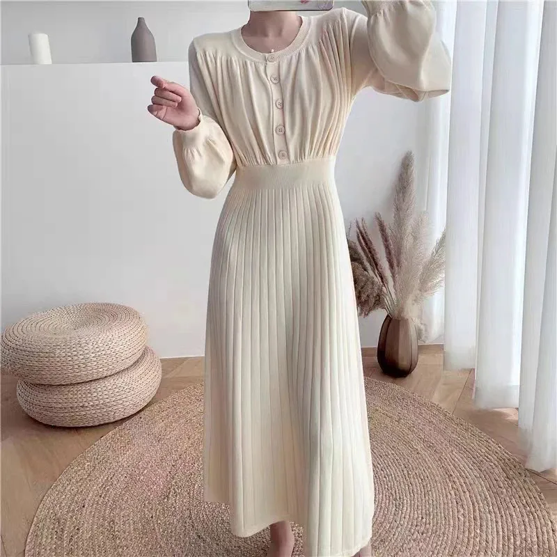 Korean fashion O-neck button slim knitted dress solid color simple long  sleeve casual long sleeve sweater dresses all-match soft dresses for women  | Daraz.lk