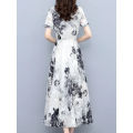 Yfashion Women Cotton Dress Summer V Neck Short Sleeve Waist Fit Pleated Loose Dress Floral Print Casual Long Dresses. 