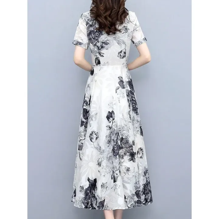 Yfashion%20Women%20Cotton%20Dress%20Summer%20V%20Neck%20Short%20Sleeve%20Waist%20Fit%20Pleated%20Loose%20Dress%20Floral%20Print%20Casual%20Long%20Dresses%20-%20Image%208