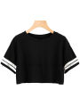 Black Women Crop T Shirt with Sleeve Two White Line Print | TT9064 , crop top for women. 