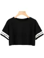 Black Women Crop T Shirt with Sleeve Two White Line Print | TT9064 , crop top for women. 