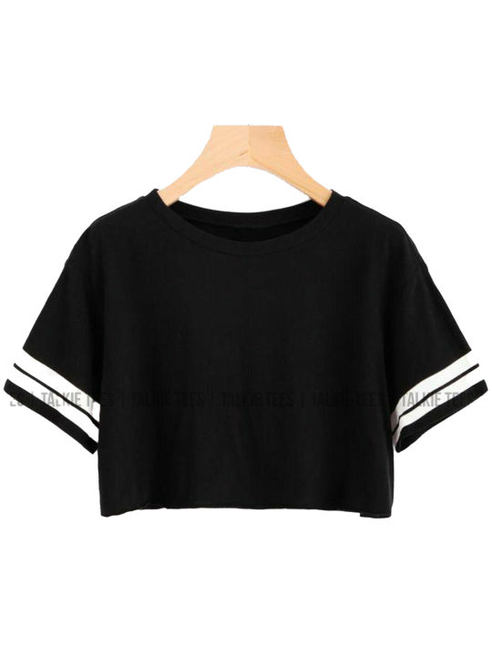Black%20Women%20Crop%20T%20Shirt%20with%20Sleeve%20Two%20White%20Line%20Print%20%7C%20TT9064%20,%20crop%20top%20for%20women%20-%20Image%202