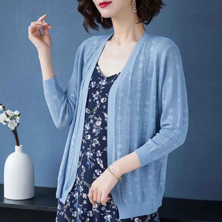 New Summer Ice Silk Sweater Women's Cardigan Outer Wear 2024 Loose Shawl Coat Thin Office Cardigan Sun Protection Clothing