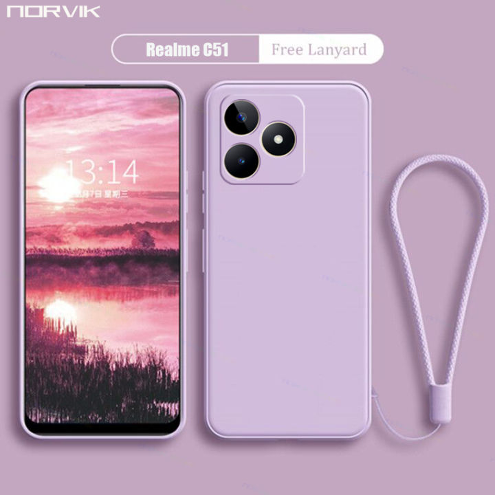 NORVIK for Realme C51/C51NFC Phone Case Lens Protection Casing Solid Straight Edge Liquid Silicone Soft TPU Back Cover with Lanyard N26-D2