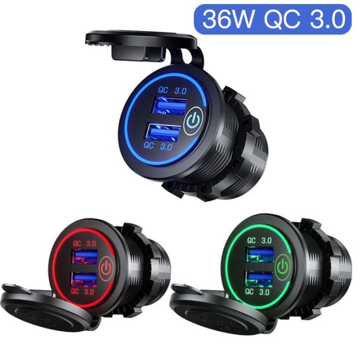 Quick Charge 3.0 Dual USB Socket 12V/24V Car Charger Touch Switch Voltmeter Electronic Lighter USB Fast Charger Socket