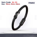 FINKK Mens Womens Bracelet Leather Stainless Steel Fashion Boys Girls black best good wrist hand band bangle. 
