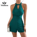 Yfashion Women Halter Neck Sleeveless Short Jumpsuit Solid Color Slim Fit Back Hollow Out Sexy Bodycon Party Romper. 